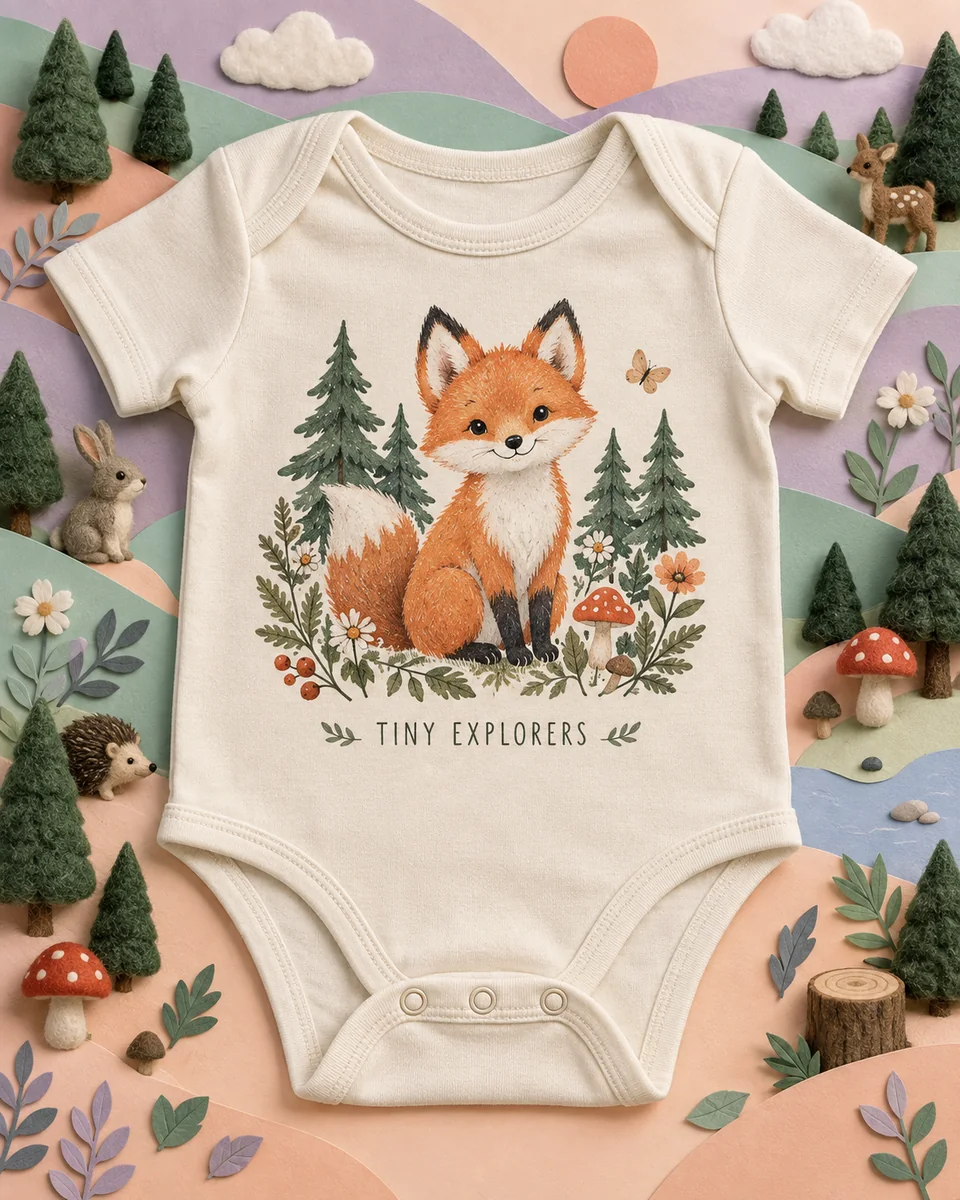 A fox-illustrated baby bodysuit in a pastel paper woodland
