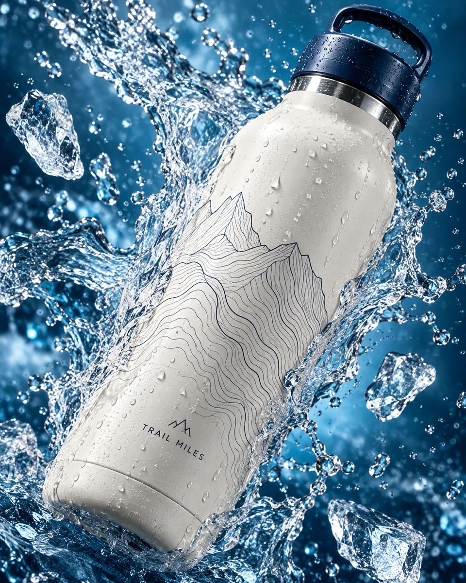 A topographic Trail Miles bottle in an icy-blue water splash