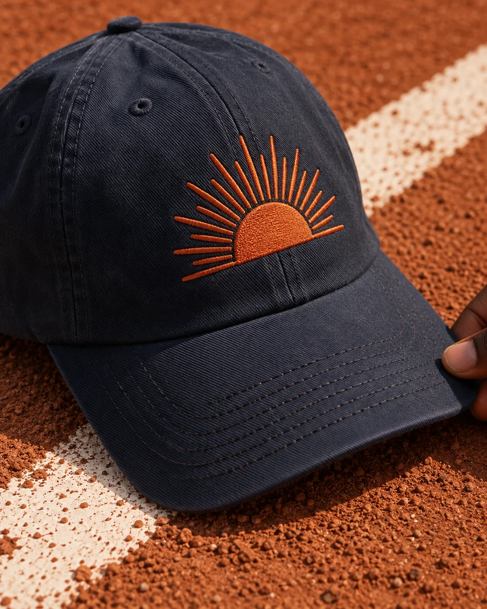 Sunrise embroidery on a navy cap over red tennis clay