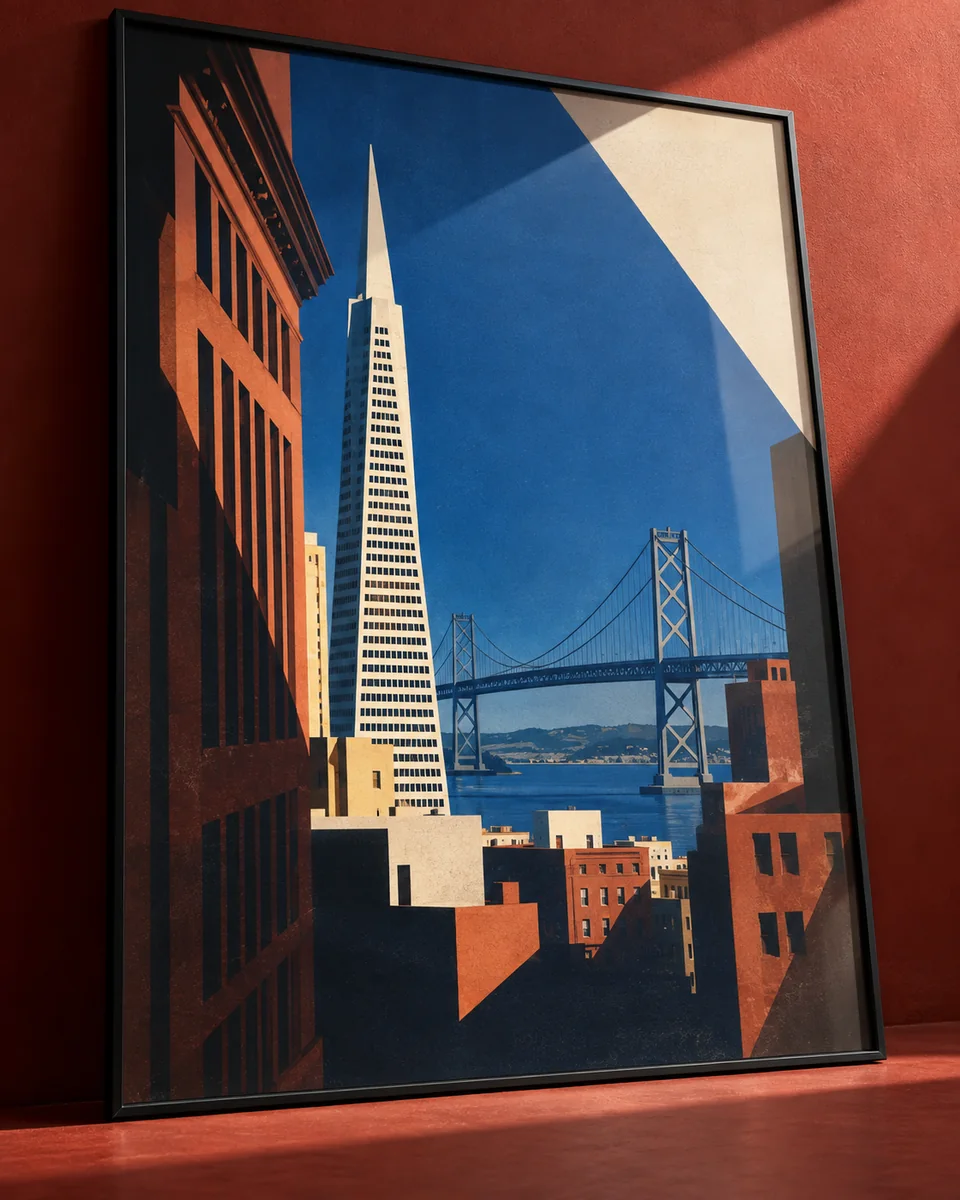 A black-framed architectural print against a rust-red gallery wall