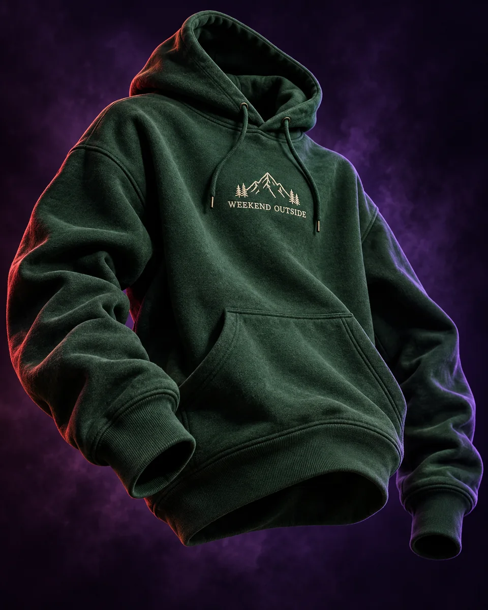 A forest-green Weekend Outside hoodie suspended in violet and red light