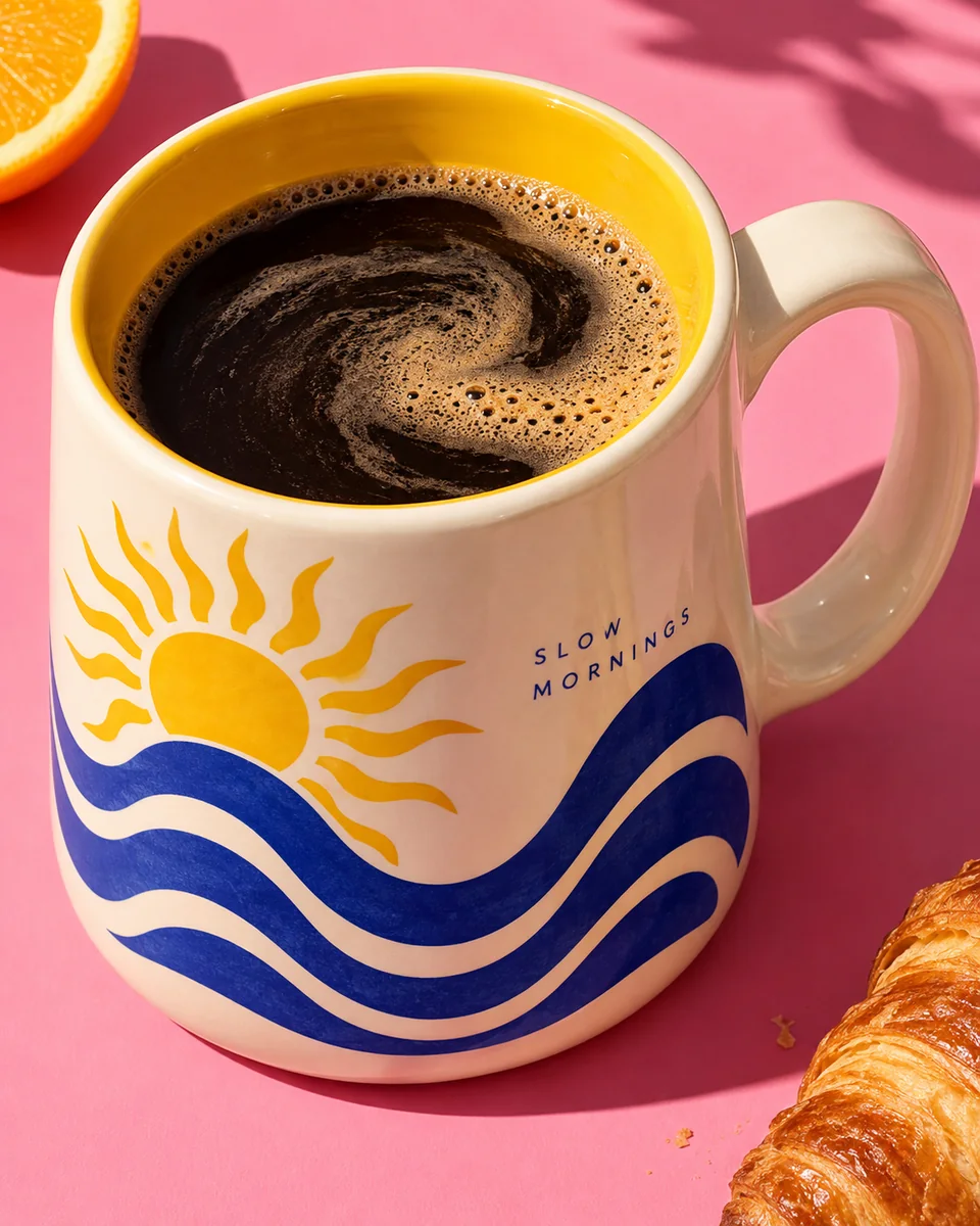 A yellow-inside mug with sun and wave artwork on a bright pink table