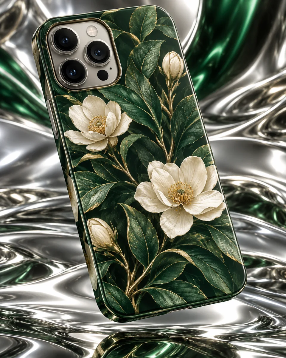 An emerald botanical phone case floating over liquid chrome