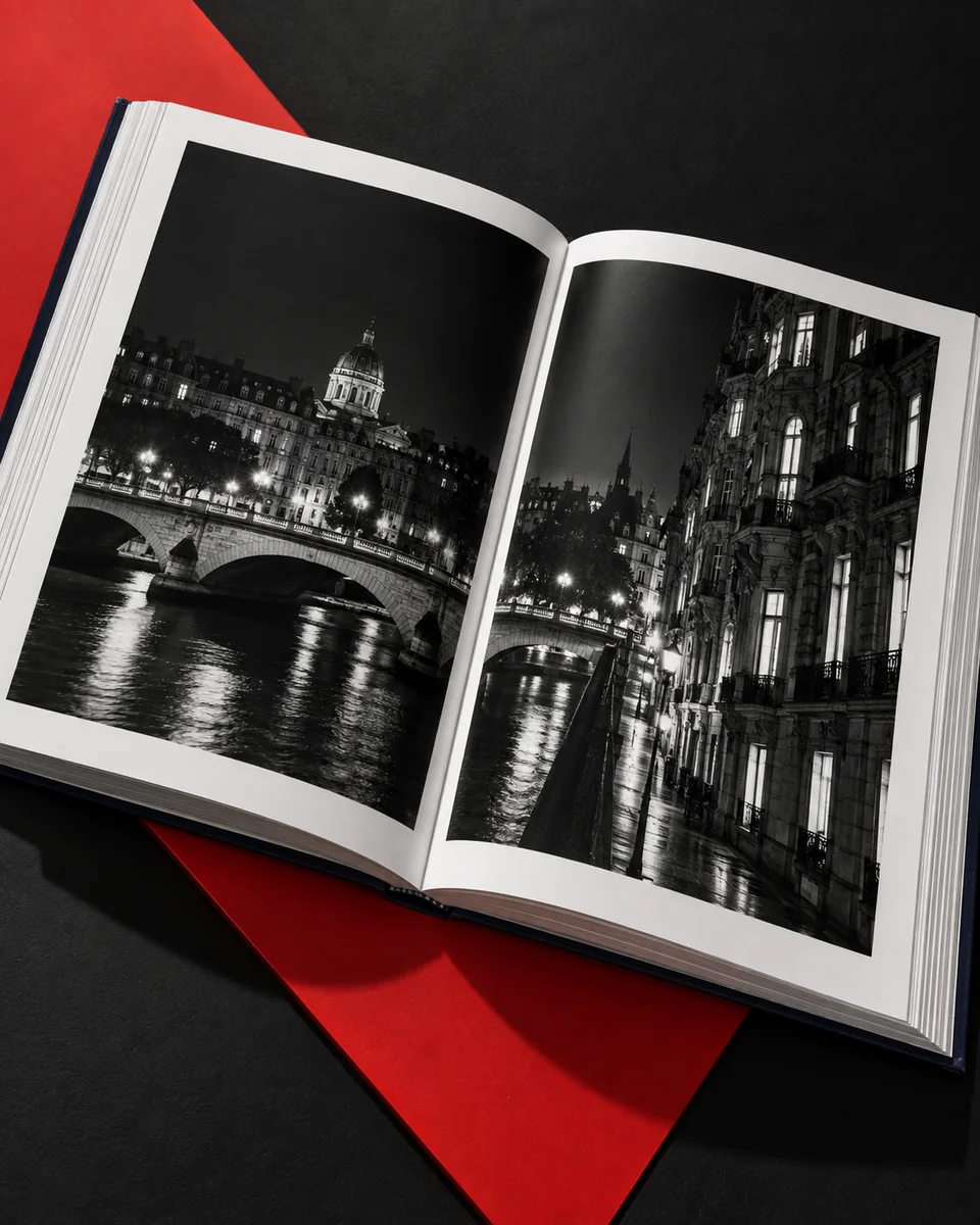 An open black-and-white city photography book on a charcoal and red set