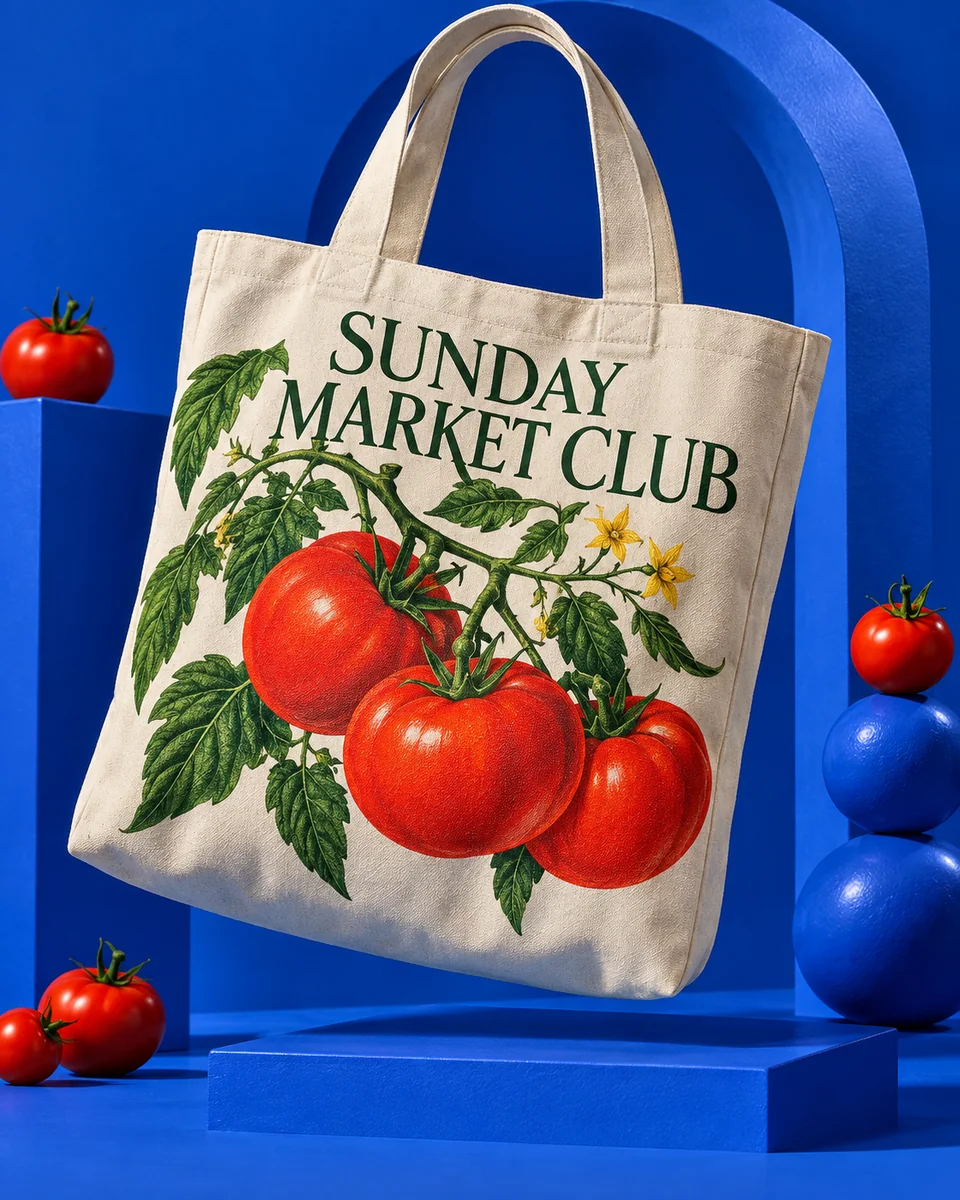 An illustrated tomato-print canvas tote in a sculptural cobalt-blue set